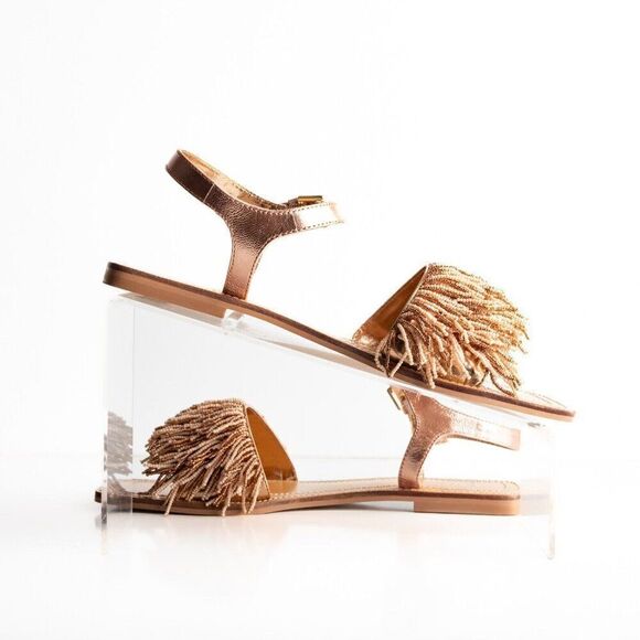 Anthropologie Maeve Rose Gold Beaded Flat Sandals Leather Ankle strap US 8 New - Picture 2 of 9